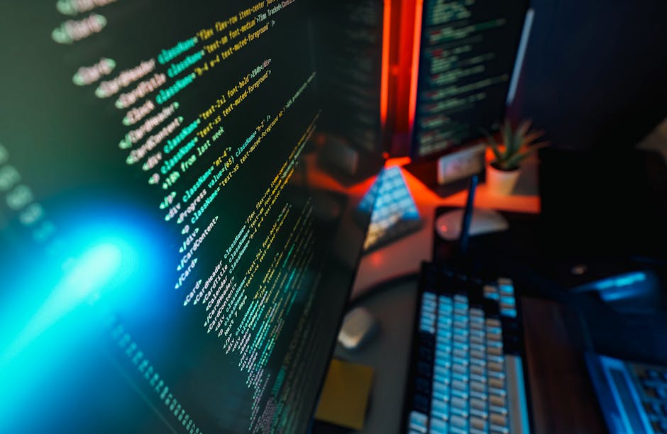 In the image, there is a computer screen displaying lines of code in a text editor, with syntax highlighting in colors such as yellow, white, orange, and purple. The code appears to be related to web